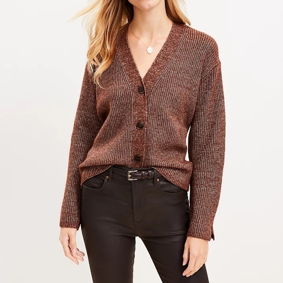 LOFT NWT Brown Red Ribbed V-Neck Cardigan Drop Shoulders Cozy Soft - Picture 3 of 9